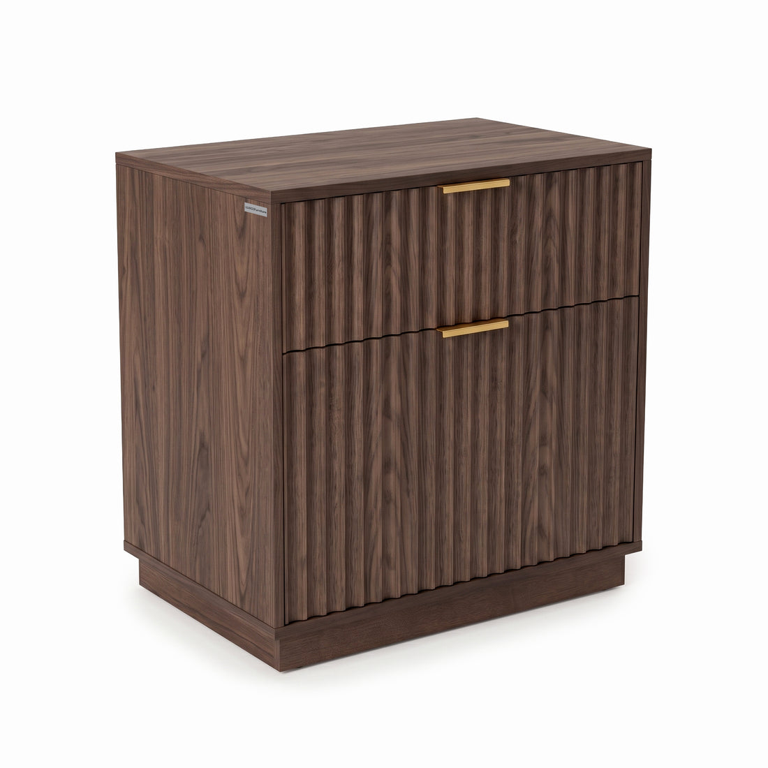 Full view of a dark walnut cabinet with two drawers on a white background