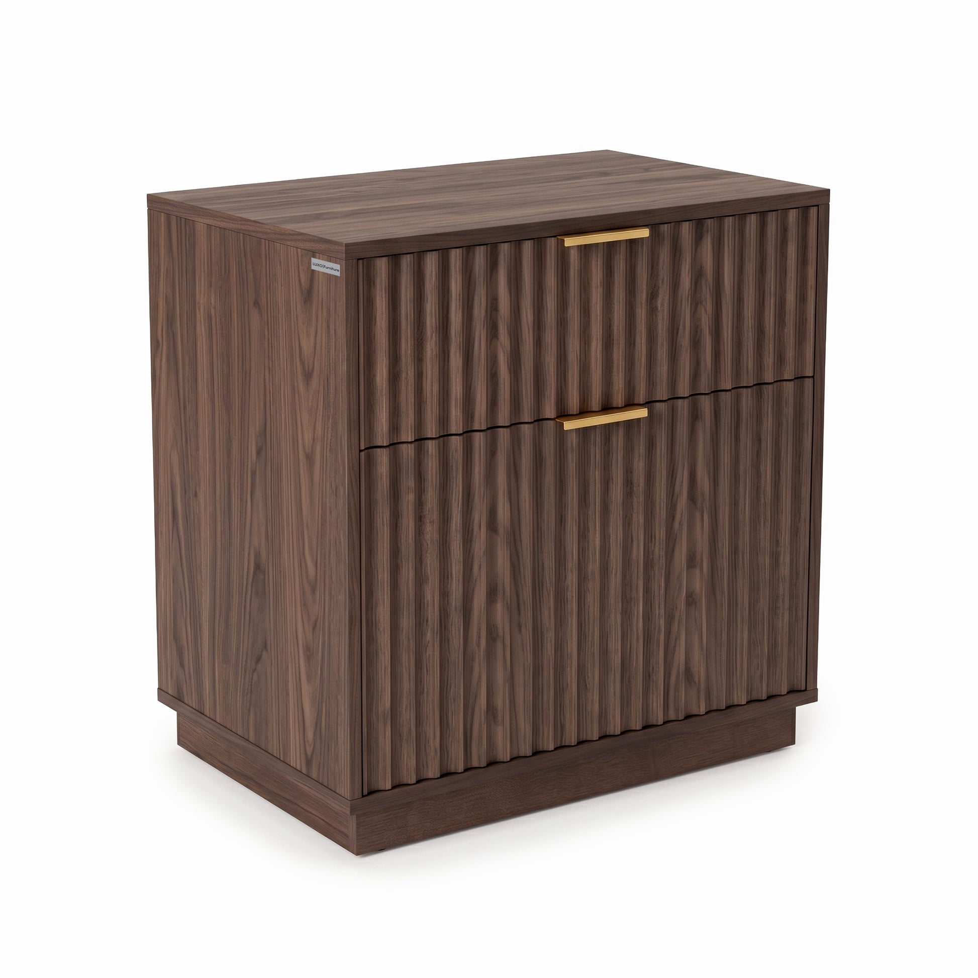 Full view of a dark walnut cabinet with two drawers on a white background