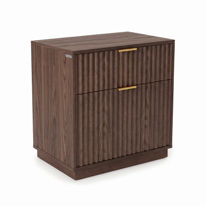 Full view of a dark walnut cabinet with two drawers on a white background