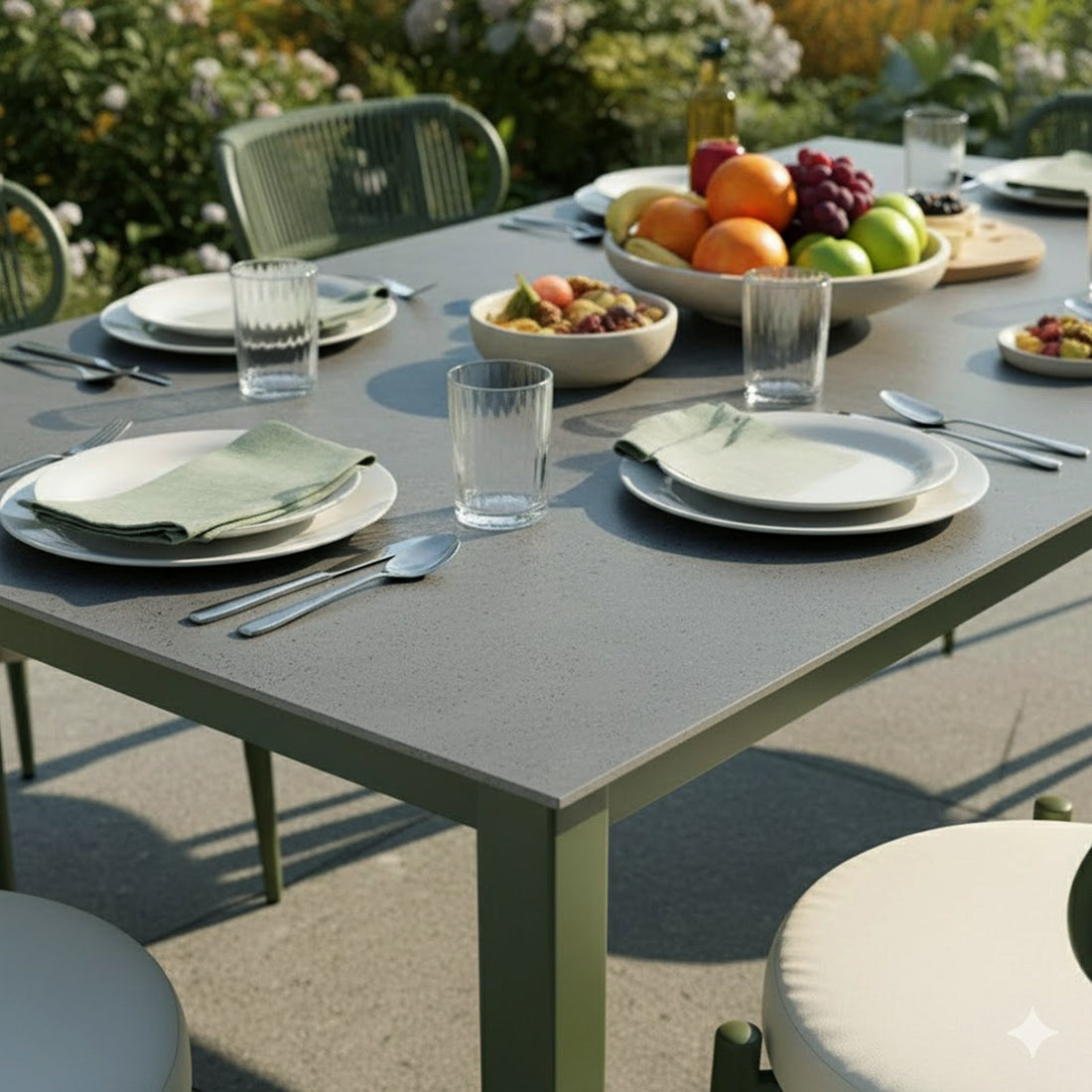 Cabria 7 Piece Sintered Stone Outdoor Dining Set in Green, featuring a gray tabletop with white settings, green napkins, fruit bowls, and surrounded by green chairs in a sunny garden.