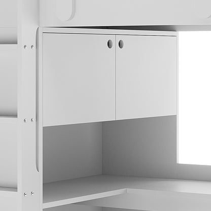 Hann Kids Single Loft Bed Desk Storage in White featuring a compact cabinet with circular finger-pull doors above a recessed shelf, adjacent to a supporting ladder-style rail with metal fasteners.