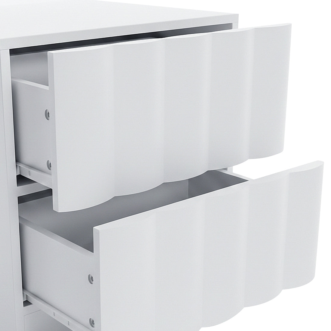 Close-up of white storage unit with open drawers