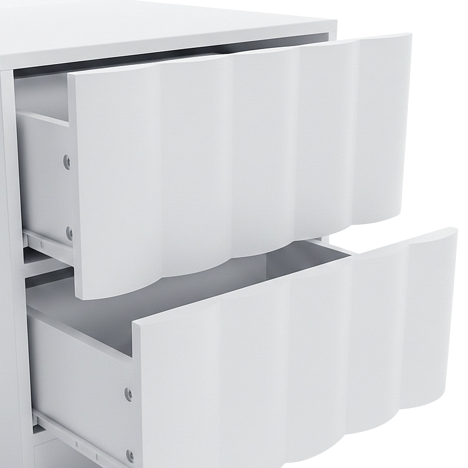 Close-up of white storage unit with open drawers