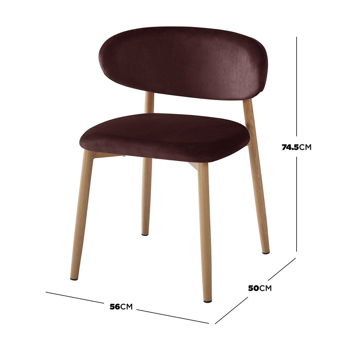 Audrey Fabric Dining Chair Set of 2 in Dark Plum features a cushioned, velvet-look seat with a low backrest, supported by four tapered light-wood legs, perfect for modern dining spaces.