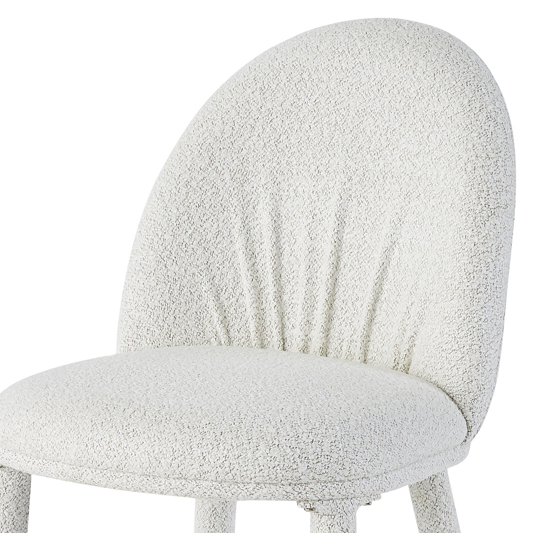 The Joren Boucle Arched Dining Chair Set of 2 in Cream showcases a modern curved back and seat in white loop-textured fabric, highlighting its plush cushioning and simple metal leg.