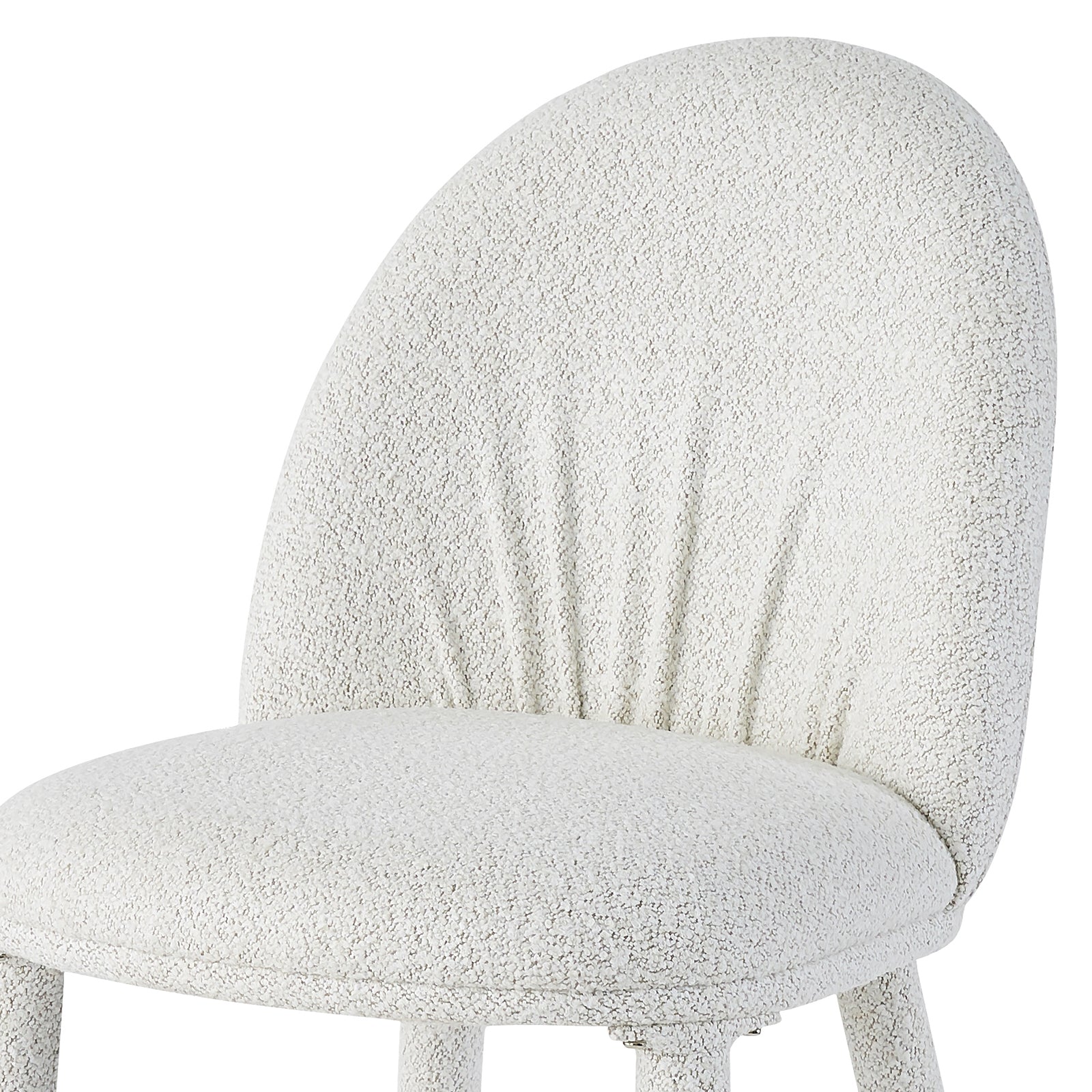 The Joren Boucle Arched Dining Chair Set of 2 in Cream showcases a modern curved back and seat in white loop-textured fabric, highlighting its plush cushioning and simple metal leg.