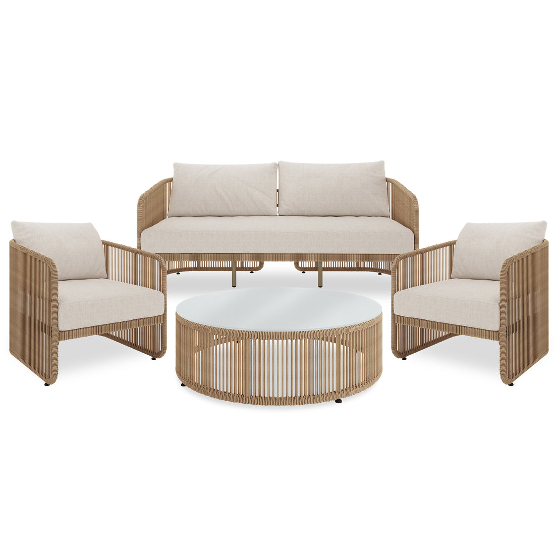 Solari 4 Seater Wicker Outdoor Sofa Set in Natural featuring a three-seat sofa, two armchairs with woven-rope frames and cushions, and a round coffee table with a smooth top.