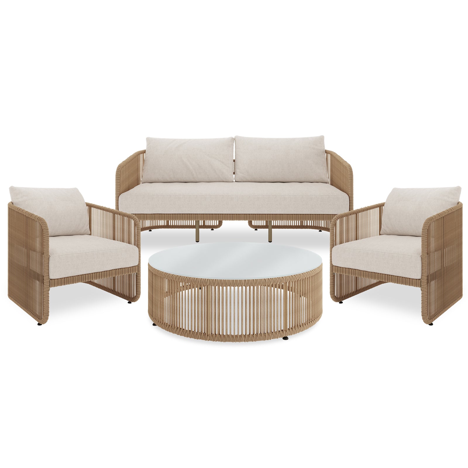 Solari 4 Seater Wicker Outdoor Sofa Set in Natural featuring a three-seat sofa, two armchairs with woven-rope frames and cushions, and a round coffee table with a smooth top.