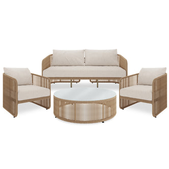 Solari 4 Seater Wicker Outdoor Sofa Set in Natural featuring a three-seat sofa, two armchairs with woven-rope frames and cushions, and a round coffee table with a smooth top.