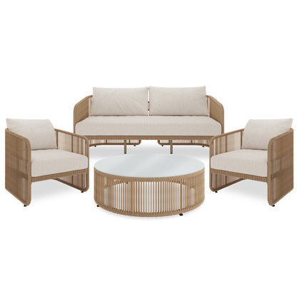 Solari 4 Seater Wicker Outdoor Sofa Set in Natural featuring a three-seat sofa, two armchairs with woven-rope frames and cushions, and a round coffee table with a smooth top.