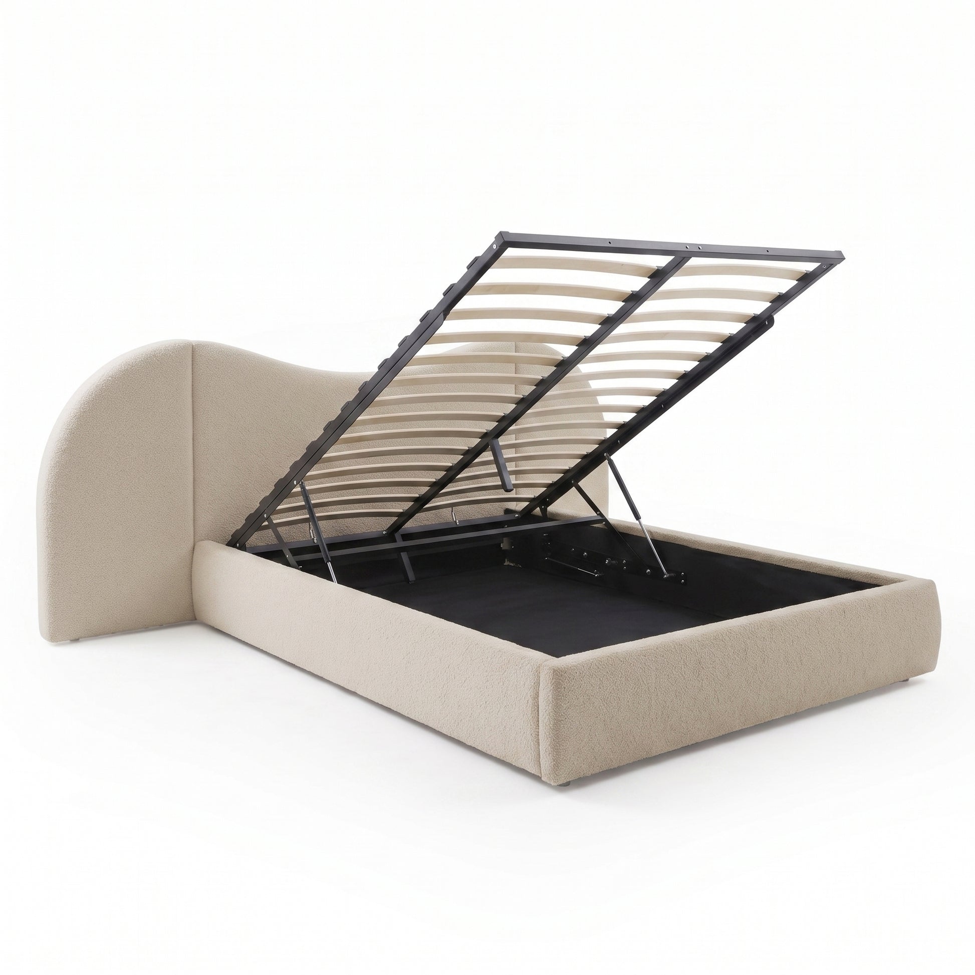 Beige upholstered storage bed with open under-bed compartment on white background