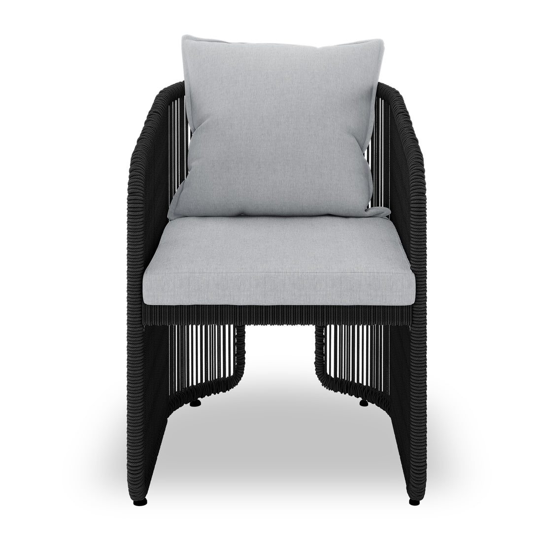 Vellora 4 Seater Wicker Outdoor Dining Set in Black features a modern lounge armchair with a black rope frame, light-gray cushions, and a sleek, contemporary design suitable for indoor or outdoor use.