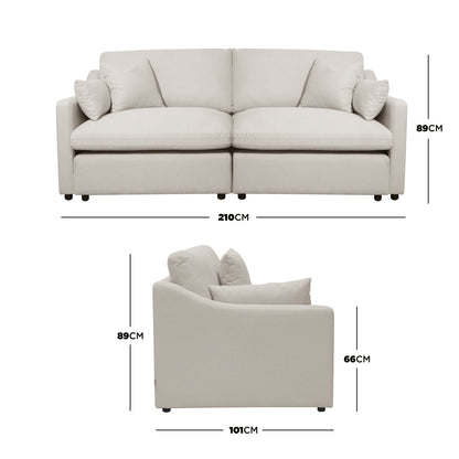 Beige sofa shown from front and side with dimensions on a white background
