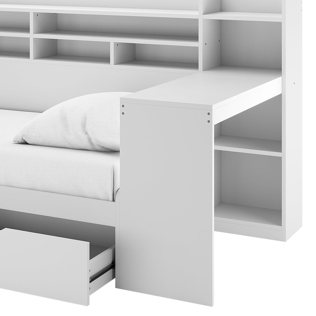 Hally Storage Single Bed with Desk and Drawers in White featuring modular design with built-in shelving, pull-out storage drawer, and attached desk unit with cubby shelves, showcasing a versatile, space-saving bedroom solution.