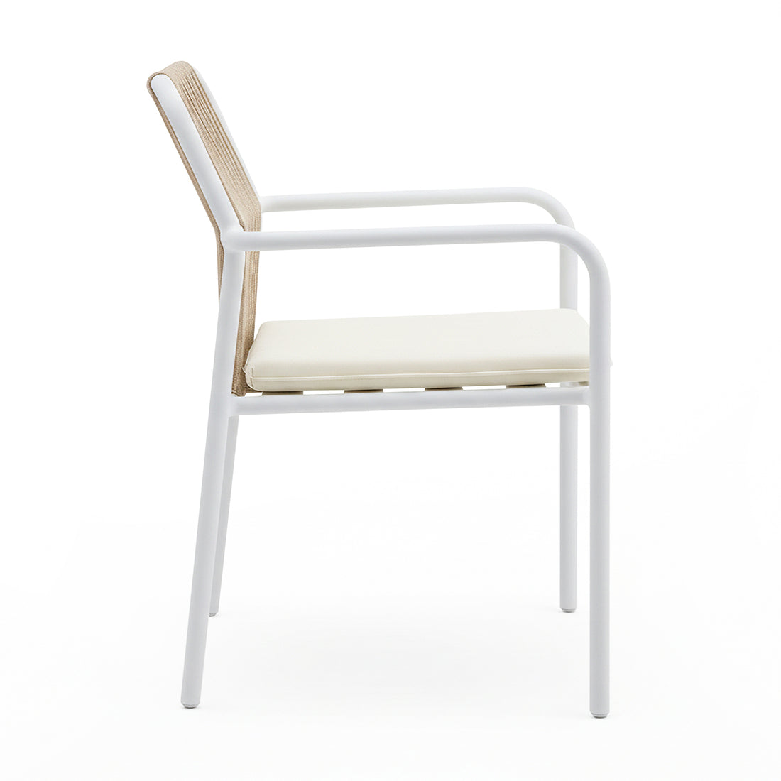 Side view of dining chair with white metal frame and light wood back on white background