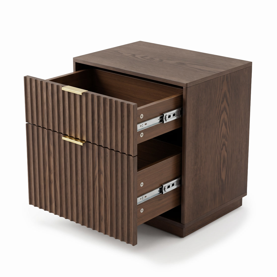 Full view of a dark wood nightstand with partially open drawers on a white background