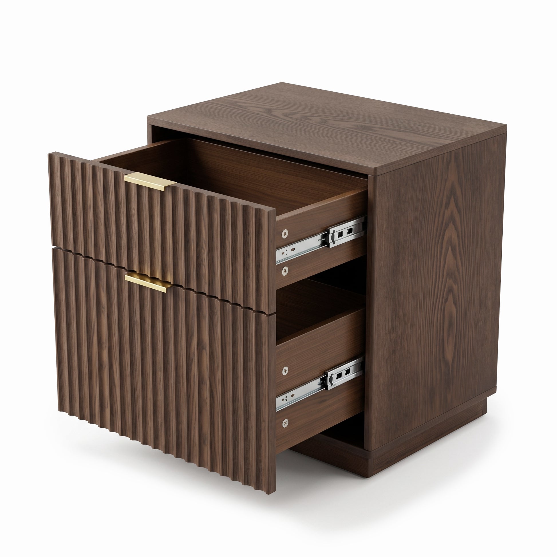 Full view of a dark wood nightstand with partially open drawers on a white background