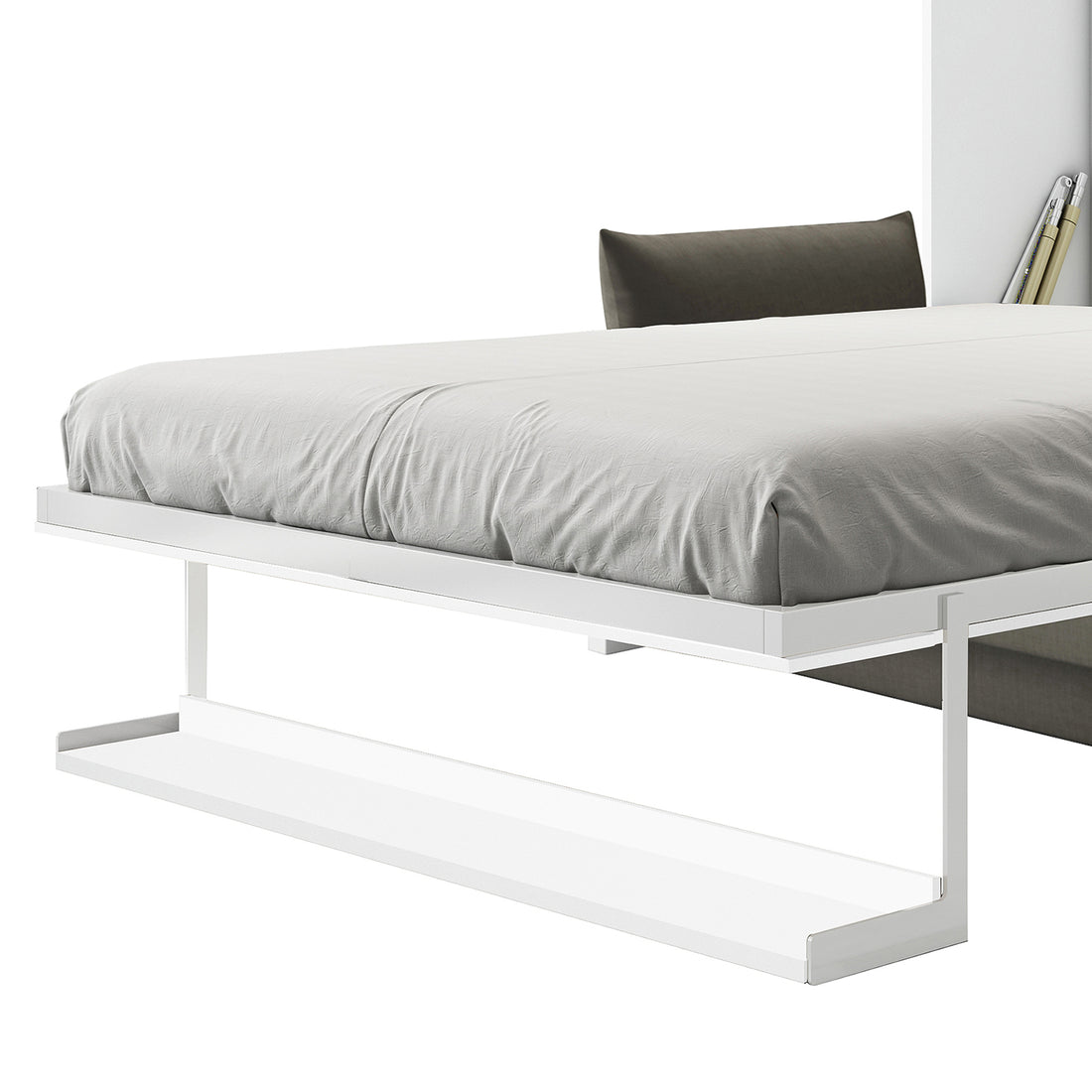 Luxo Byron Sofa Foldout Queen Wall Bed White & Grey features a minimalist, floating design with a slim metal frame, grey fitted sheet, integrated shelf, and visible head cushion and rolled-up papers.
