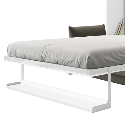 Luxo Byron Sofa Foldout Queen Wall Bed White & Grey features a minimalist, floating design with a slim metal frame, grey fitted sheet, integrated shelf, and visible head cushion and rolled-up papers.