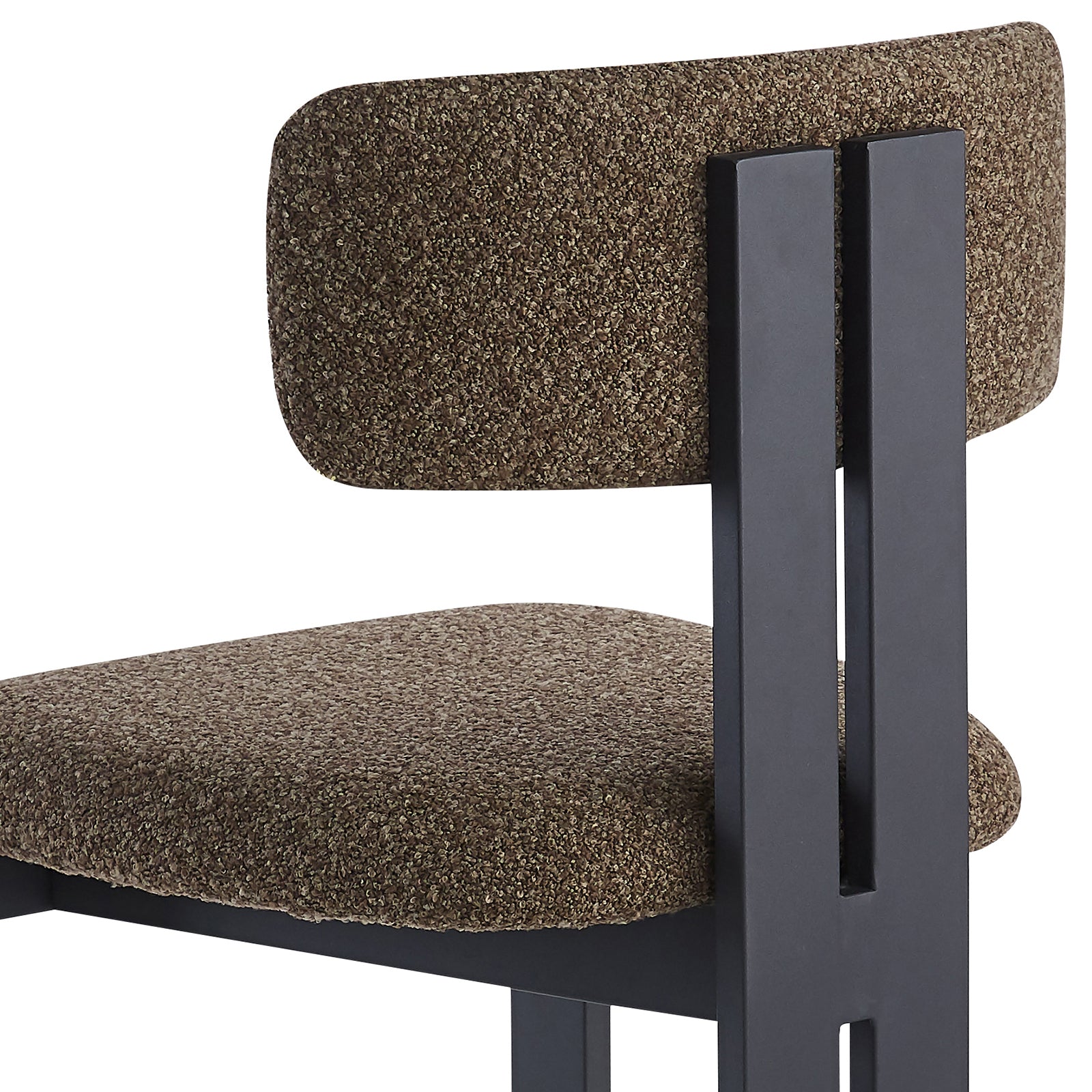 Haleo Curved Boucle Dining Chair Set of 2 features a rust brown boucle-upholstered seat and back with a slim black metal frame, offering modern curves and supportive comfort for stylish dining.