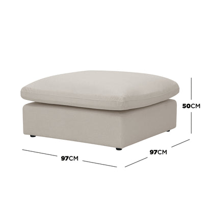 Beige square ottoman on a white background with dimension lines showing 97cm by 97cm by 50cm.