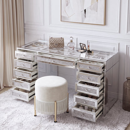 Mirrored vanity desk with stool in an elegant room setting