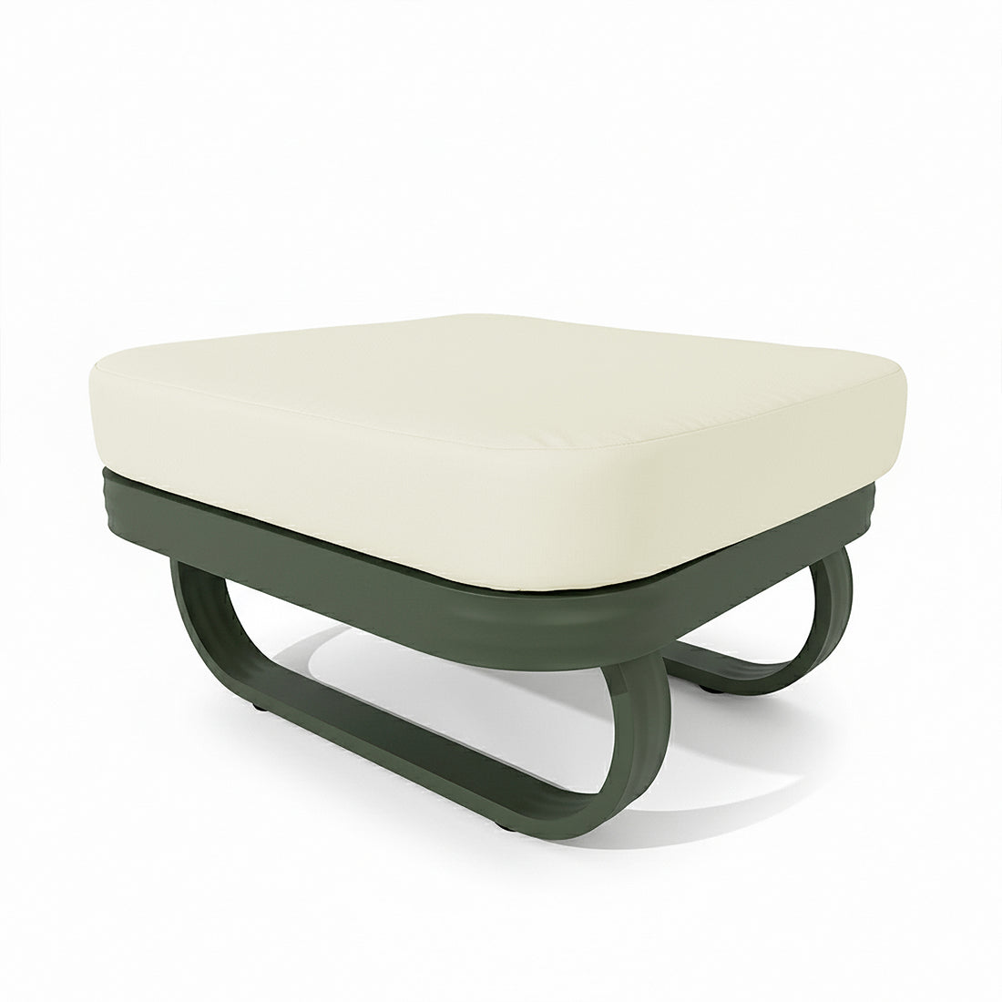 Paloma Modular Outdoor Lounge Set in Olive Green features a cream-upholstered ottoman with a sculptural dark green metal base, showcasing a contemporary design perfect for stylish and comfortable outdoor lounging.
