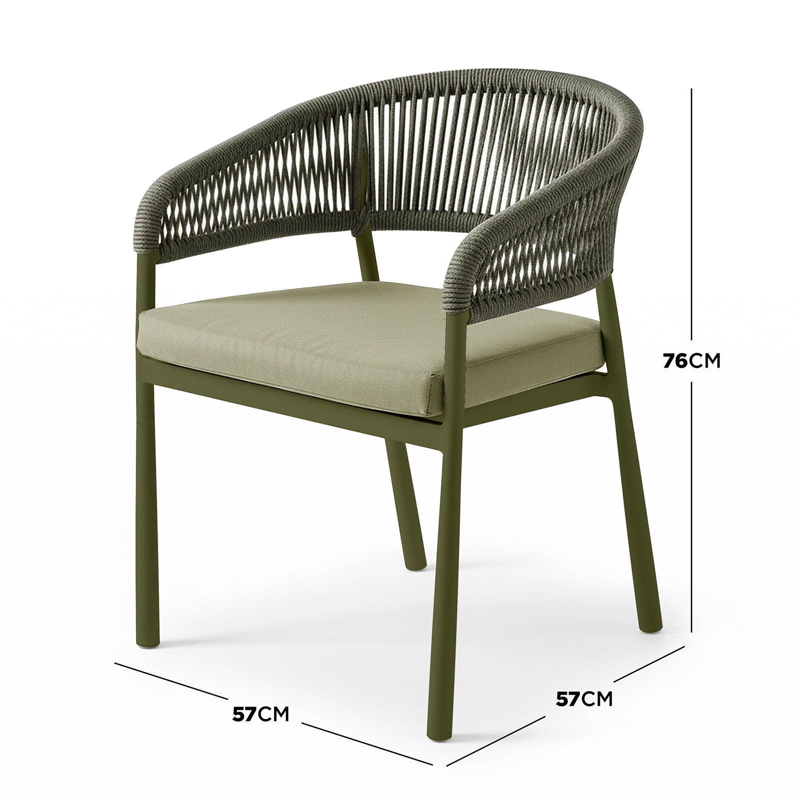 Coastal Outdoor Rope Dining Chairs Set of 2 in Green, featuring an olive-green powder-coated metal frame, woven-rope backrest, and removable seat cushion, dimensions: 57 cm deep × 57 cm wide × 76 cm tall.