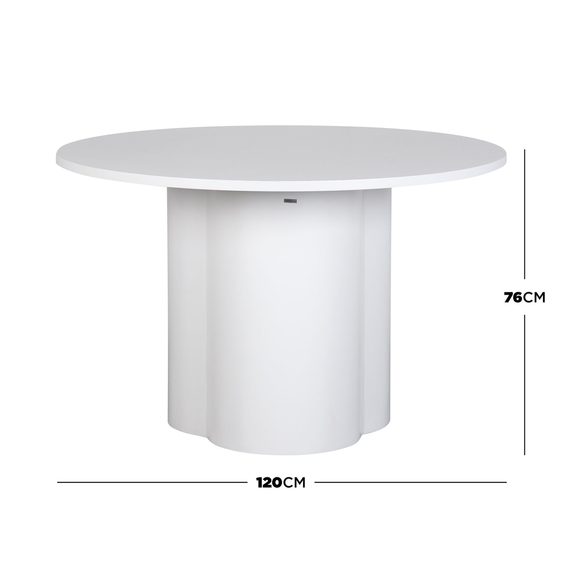 Cece 120cm Round Wooden Dining Table in White features a sleek, all-white design with a round top and scalloped pedestal base, perfectly suited for modern dining spaces.
