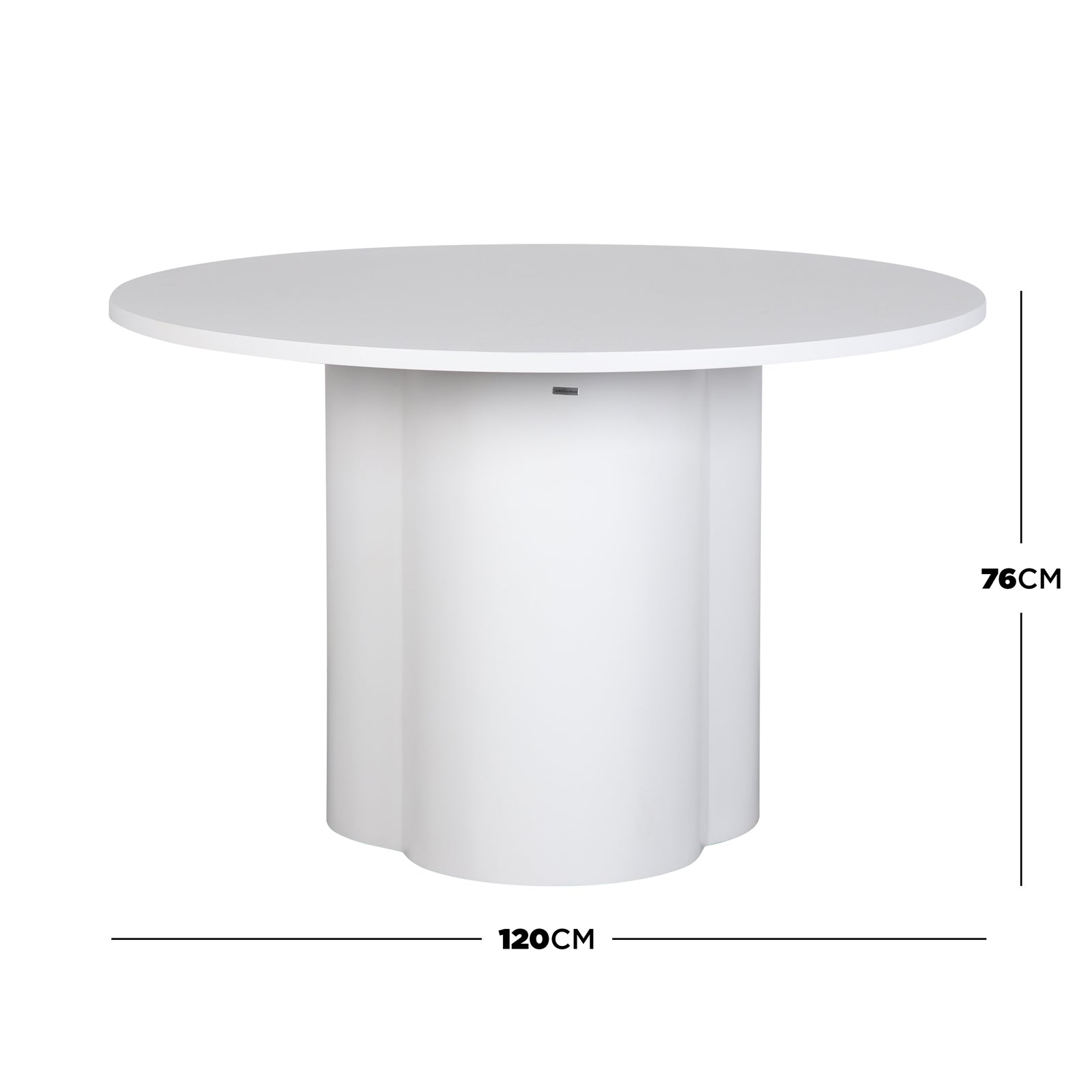 Cece 120cm Round Wooden Dining Table in White features a sleek, all-white design with a round top and scalloped pedestal base, perfectly suited for modern dining spaces.