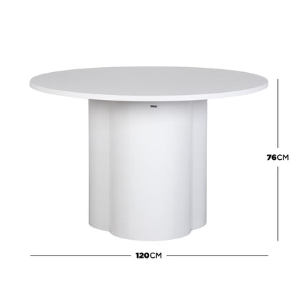 Cece 120cm Round Wooden Dining Table in White features a sleek, all-white design with a round top and scalloped pedestal base, perfectly suited for modern dining spaces.