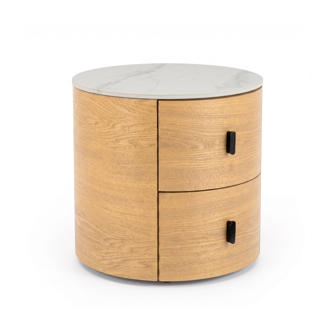 Modern round light wood nightstand with marble-look top on white background