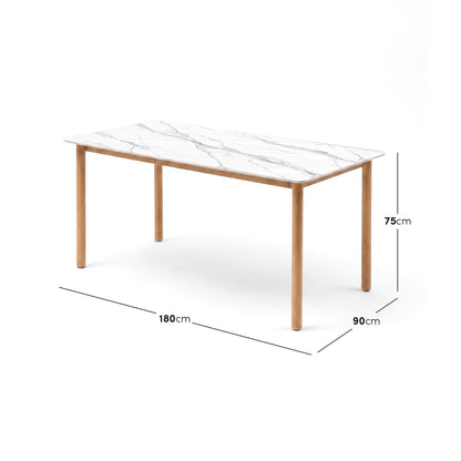 Dining table shown on white background with dimensions 180 cm by 90 cm by 75 cm