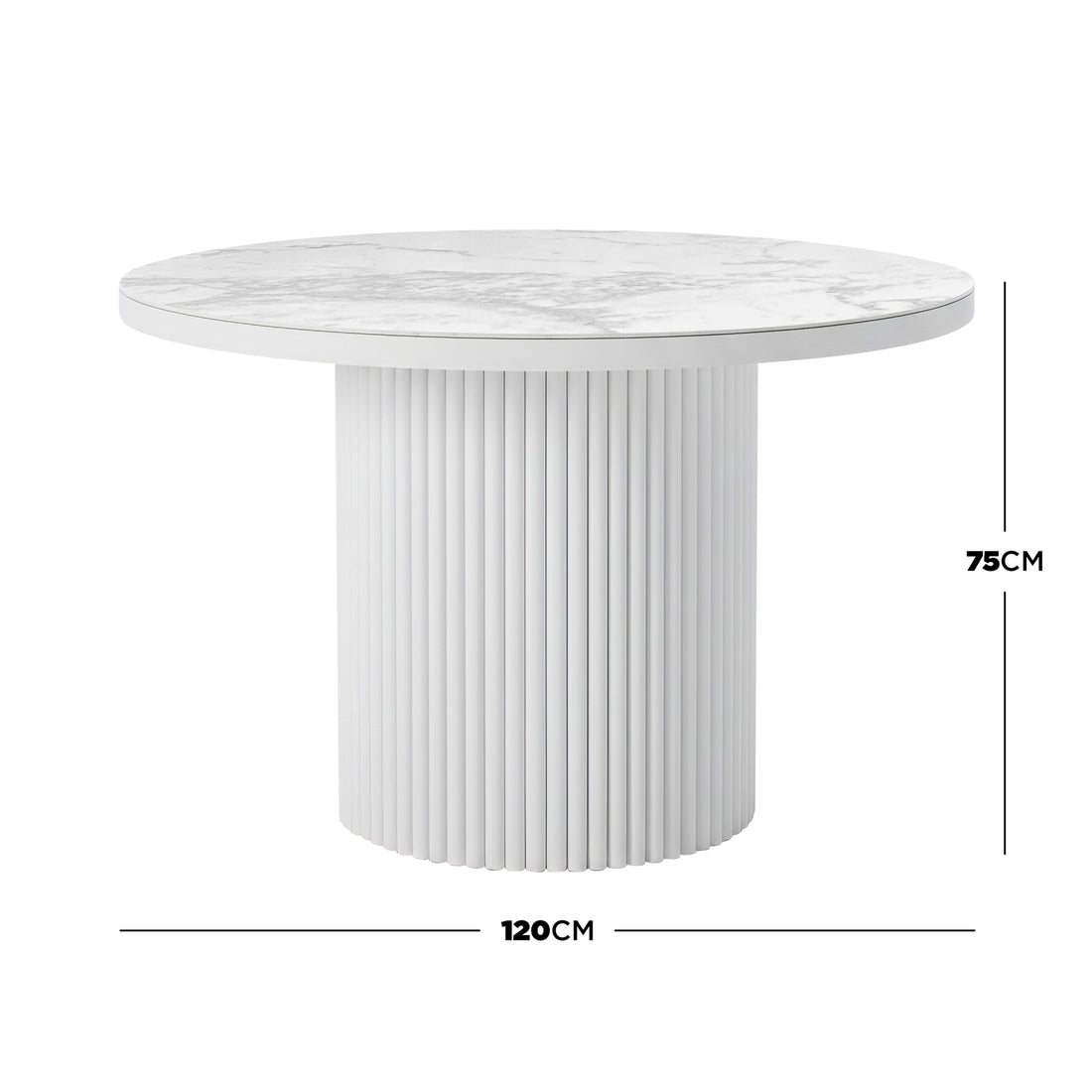 Evone 4 Seater Stone Outdoor Dining Table Set features a round, marble-vein sintered stone top and ribbed cylindrical pedestal base, ideal for alfresco dining with a sleek, modern design.