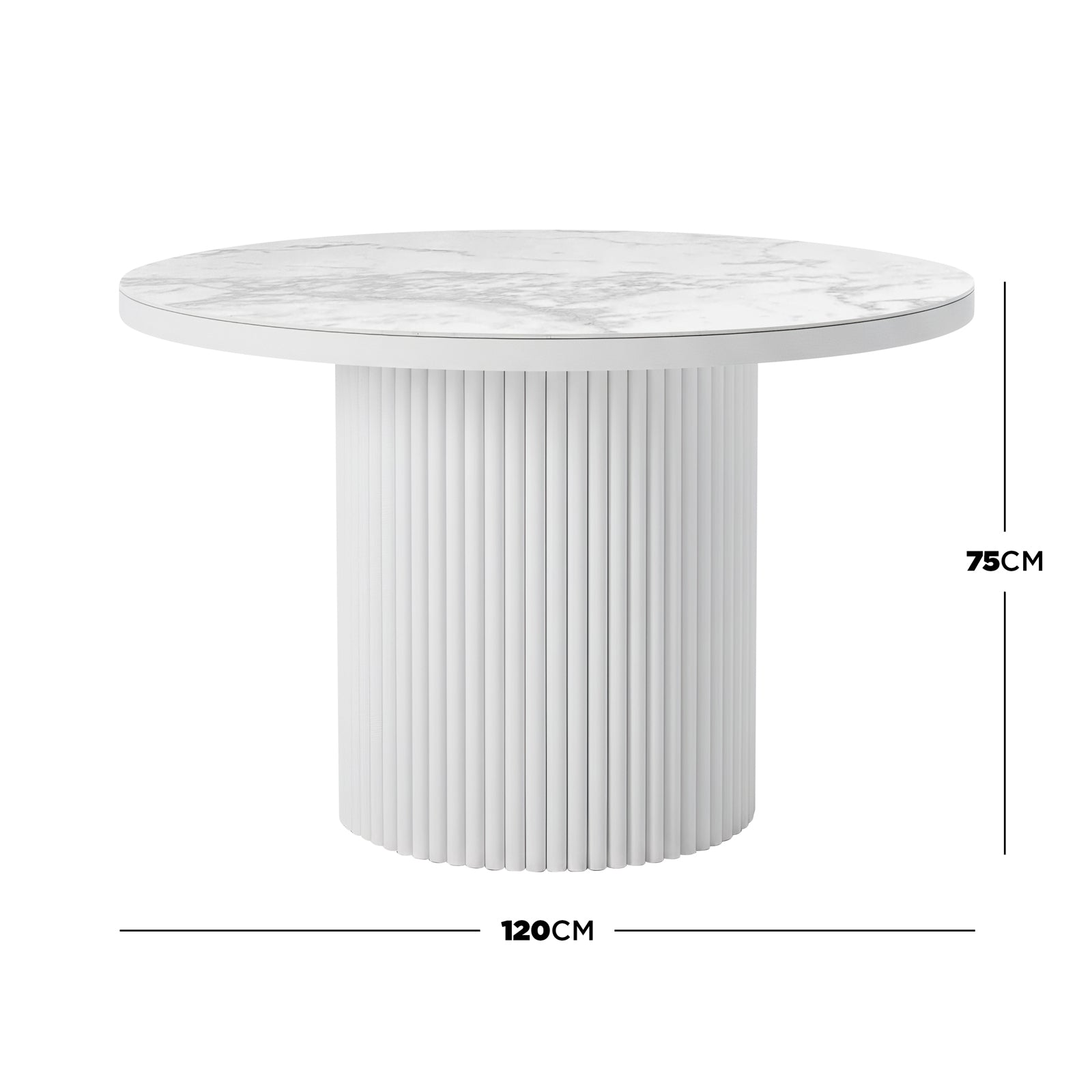 Evone 4 Seater Stone Outdoor Dining Table Set features a round, marble-vein sintered stone top and ribbed cylindrical pedestal base, ideal for alfresco dining with a sleek, modern design.