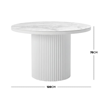 Evone 4 Seater Stone Outdoor Dining Table Set features a round, marble-vein sintered stone top and ribbed cylindrical pedestal base, ideal for alfresco dining with a sleek, modern design.