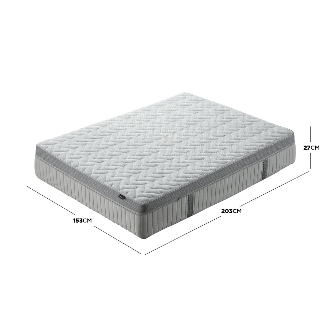 Full mattress on white background with dimension measurements shown