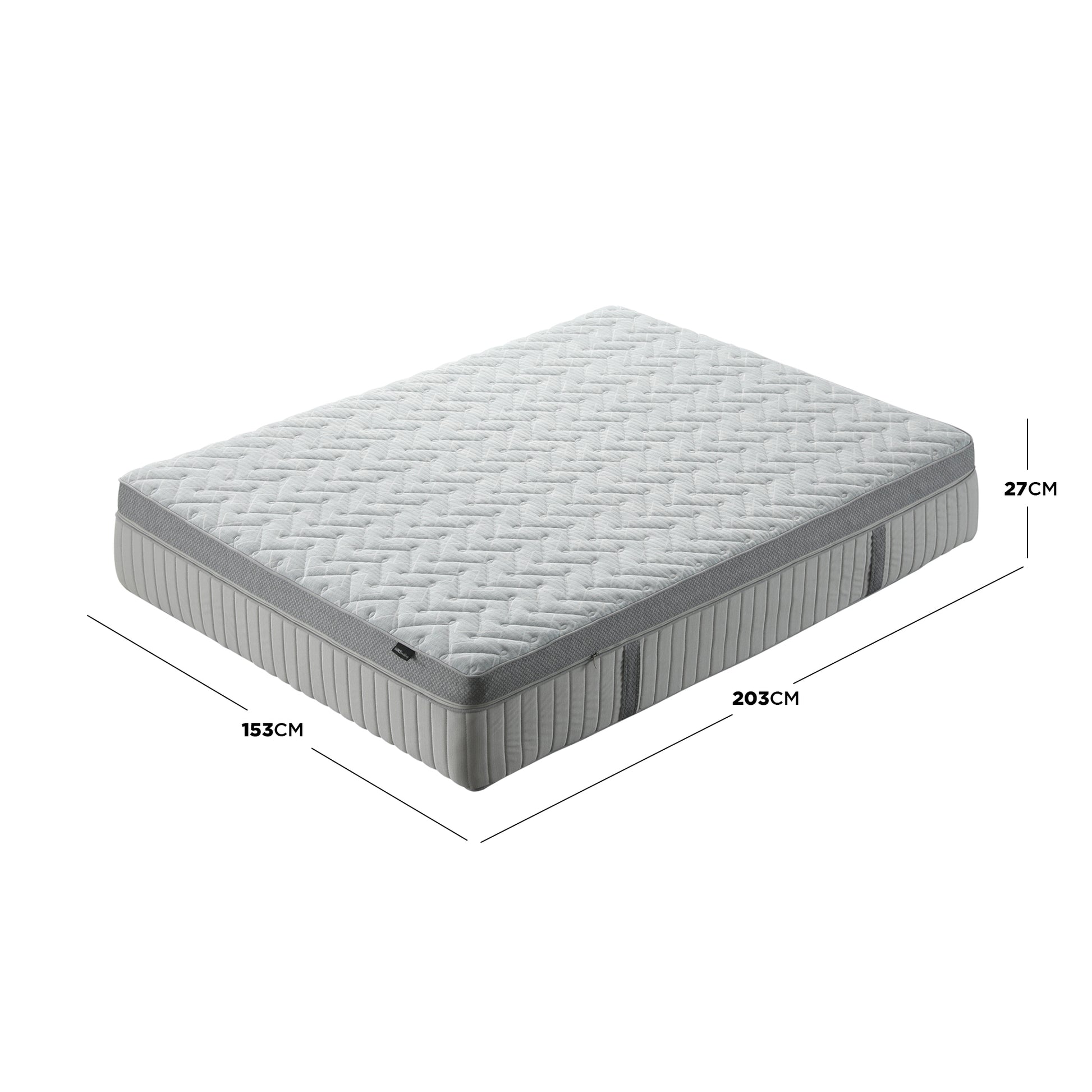 Full mattress on white background with dimension measurements shown