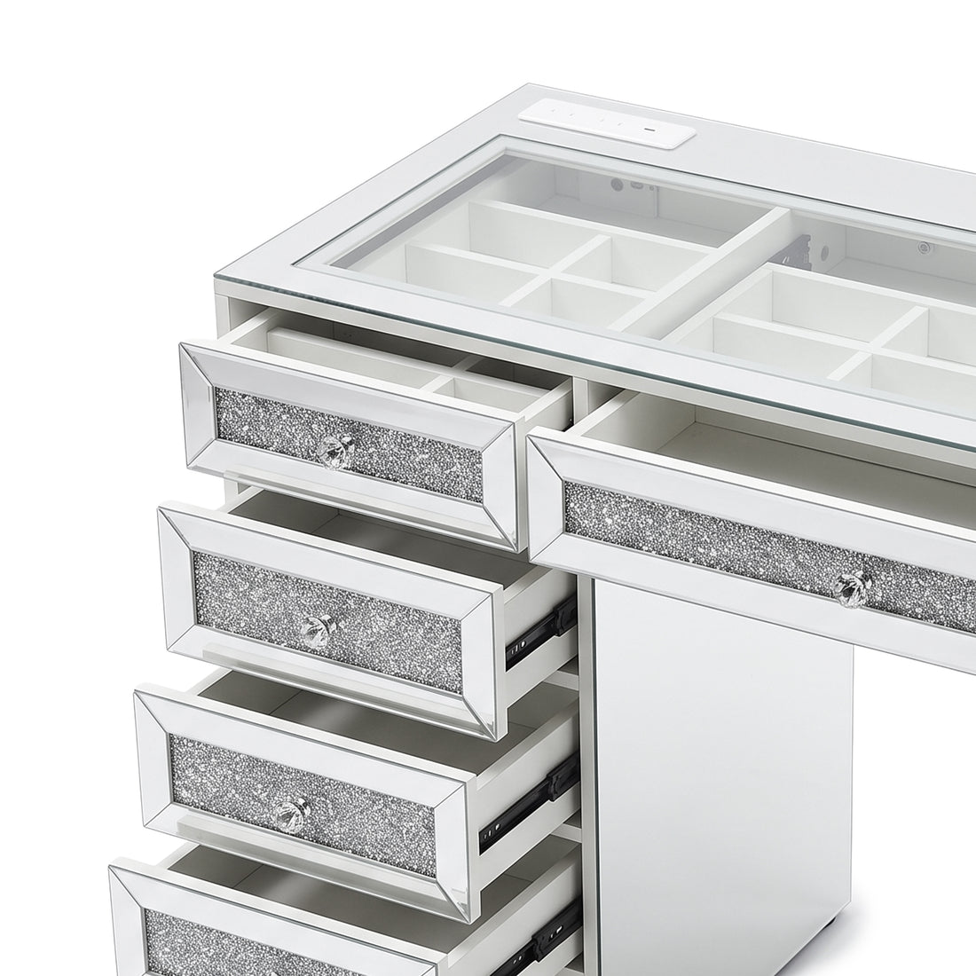 Close view of mirrored vanity storage chest showing most of the upper section