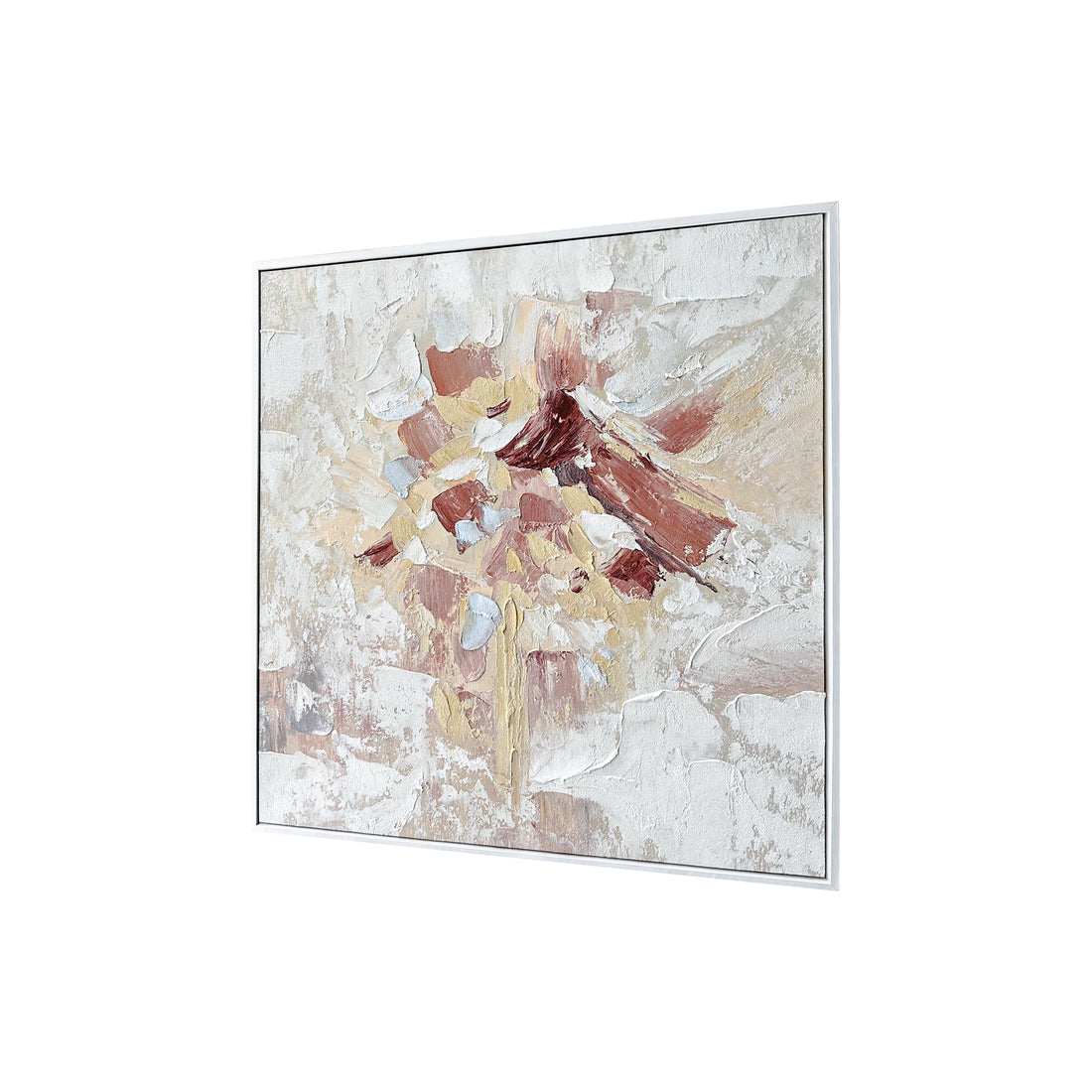 Bloom Framed Canvas Wall Art 105 x 105cm in White features an abstract composition with palette-knife strokes, creating a textured, impasto floral mass, framed in minimalist white for a modern gallery feel.