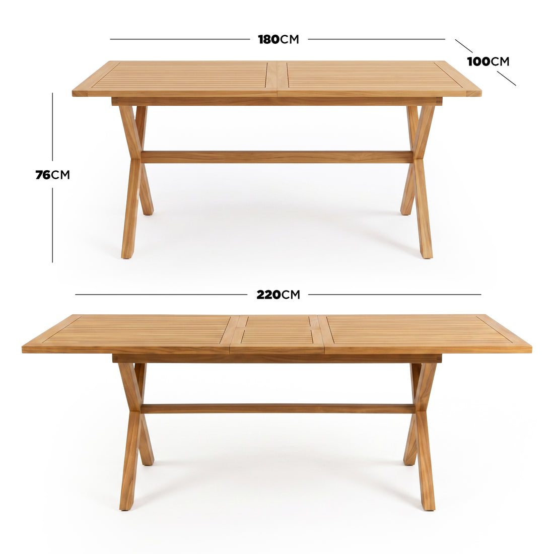 Wooden table shown with dimensions and extension options on a white background