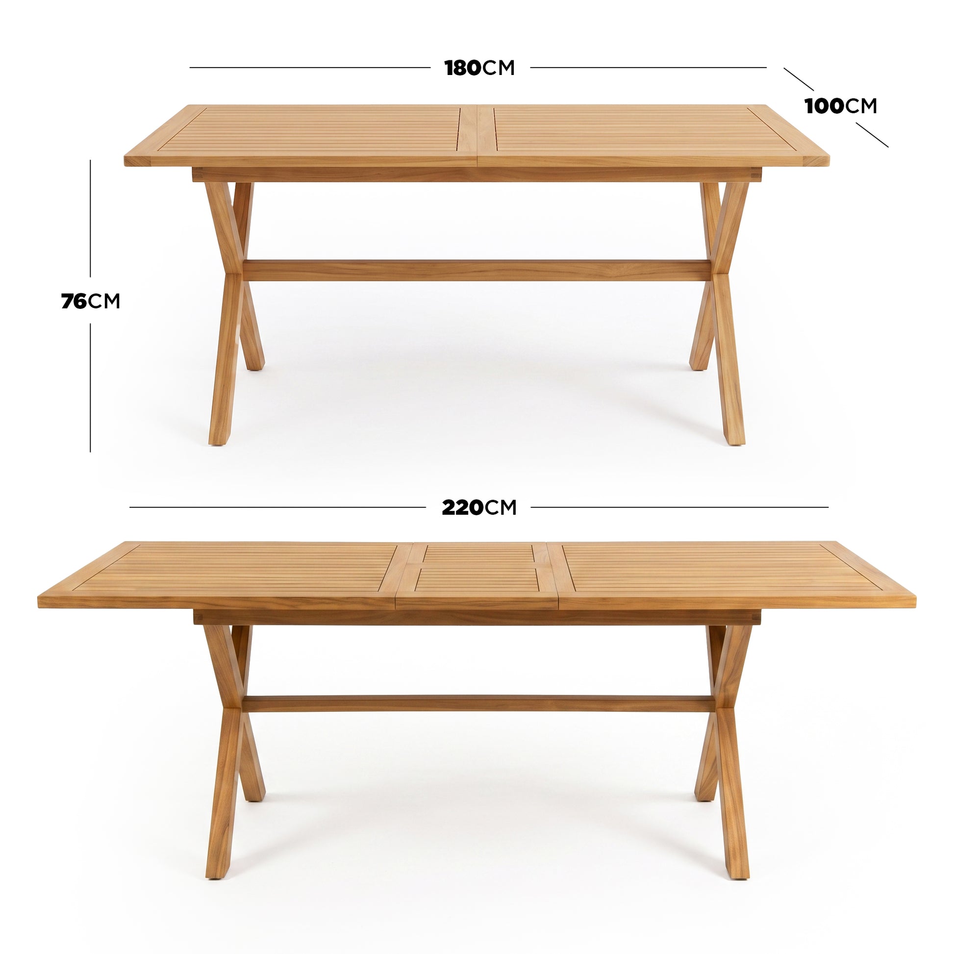 Wooden table shown with dimensions and extension options on a white background