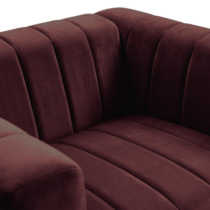Close-up of Dark Merlot tufted upholstery on a chair or sofa against white background