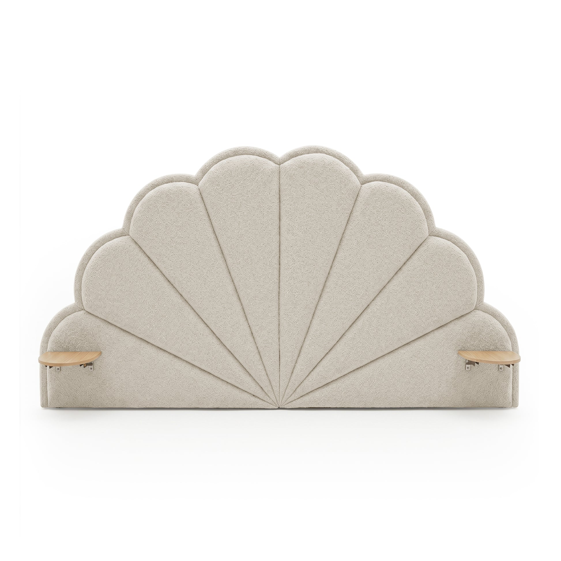 Scalloped upholstered headboard with side shelves on white background
