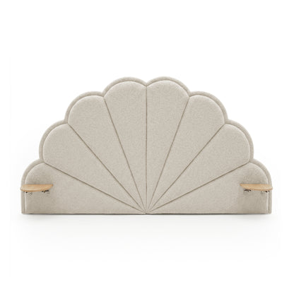 Scalloped upholstered headboard with side shelves on white background