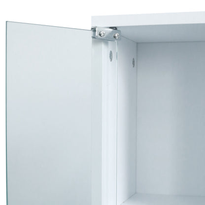 Close-up of mirrored cabinet hinge and interior corner