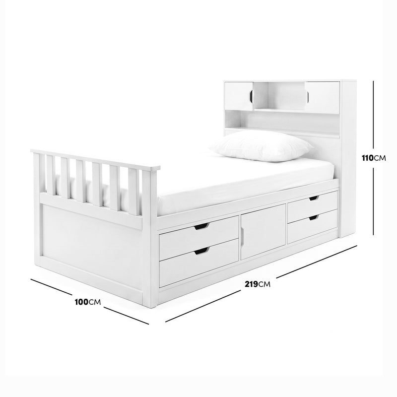 White storage bed on white background with dimensions labeled 100cm by 219cm by 110cm