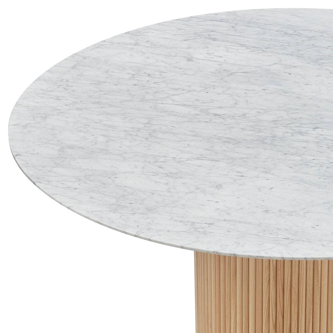 Gracie 120cm Round Marble Dining Table in Natural, featuring a white marble top with unique veining and a light-wood fluted pedestal base, offering a blend of elegance and stability.