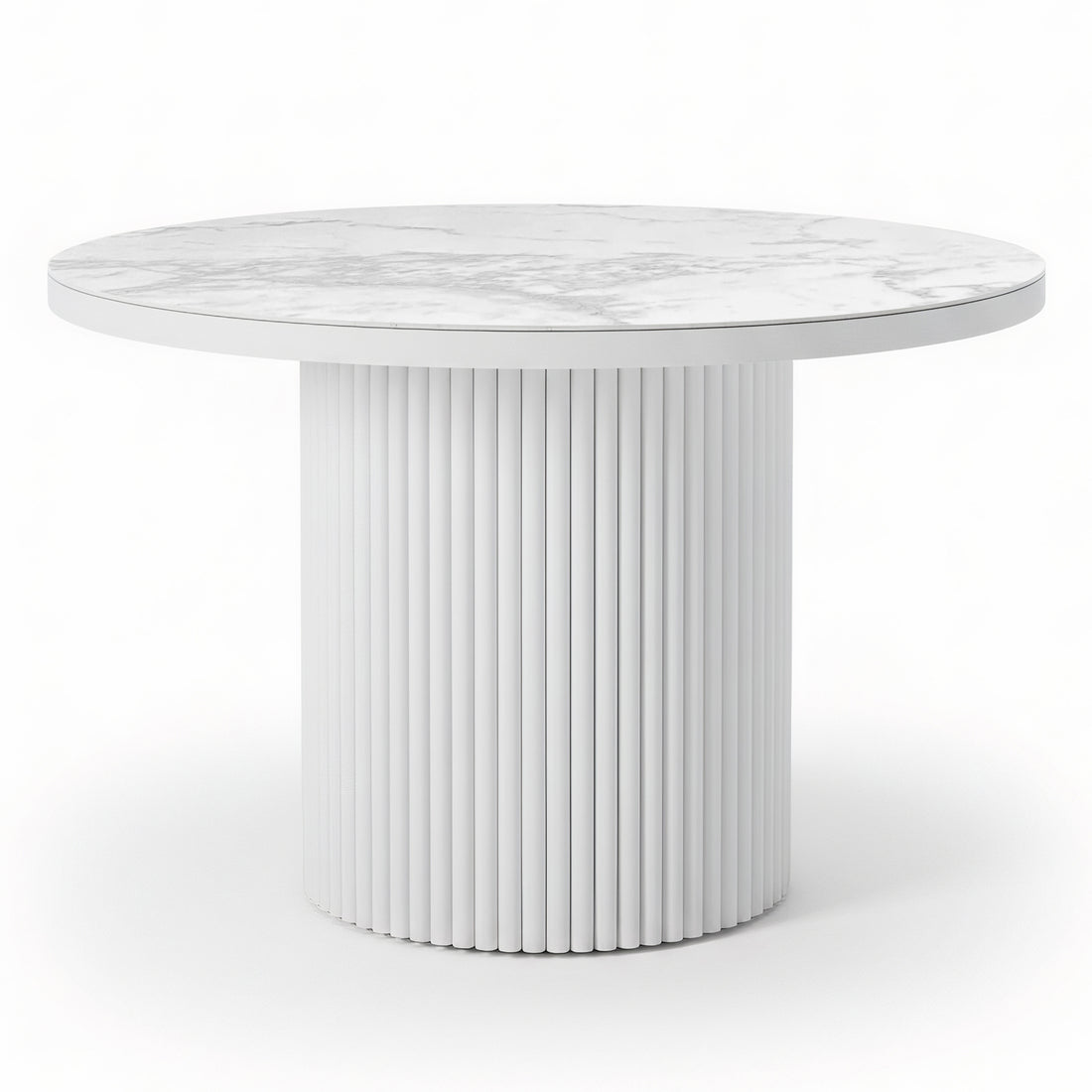 Evone Aluminium Outdoor Dining Table in White, featuring a round, marble-look top and fluted cylindrical base, designed for outdoor durability and style. Perfect for effortless dining and entertaining.
