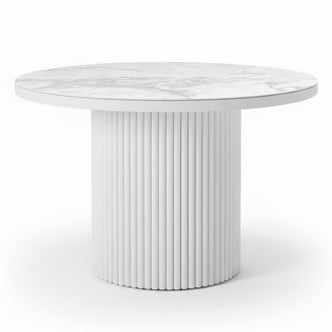 Evone Aluminium Outdoor Dining Table in White, featuring a round, marble-look top and fluted cylindrical base, designed for outdoor durability and style. Perfect for effortless dining and entertaining.